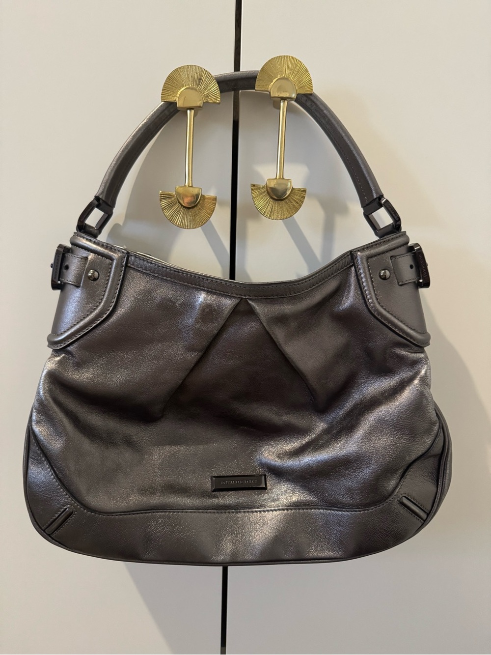 Burberry Metallic Silver Leather Hobo Shoulder Bag